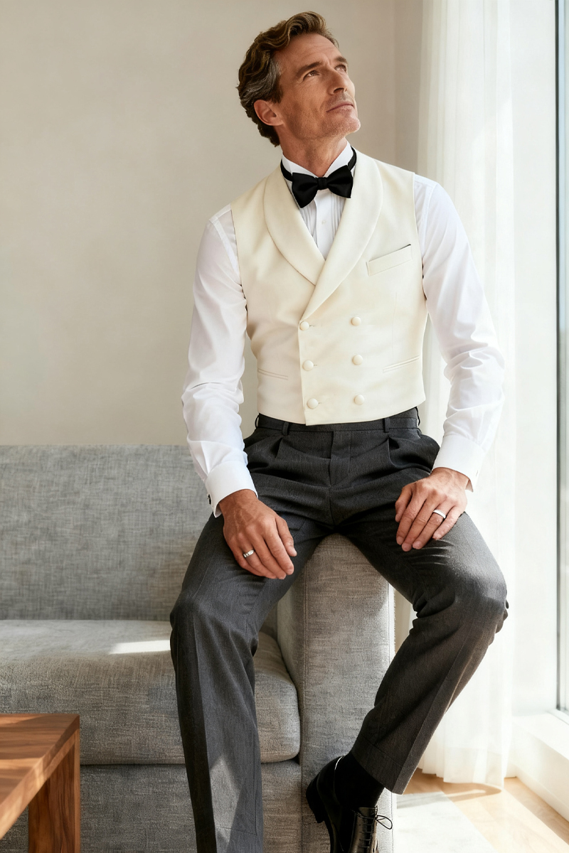 Men's Ivory Double-Breasted Shawl Collar Vest