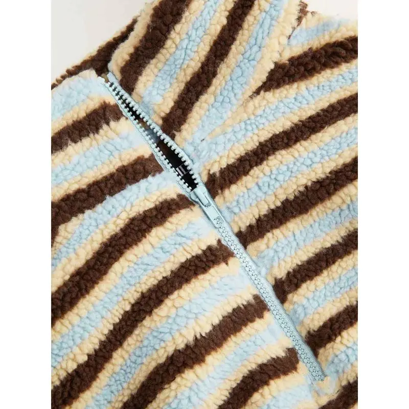 Fleece Stripe Stand Collar Drawstring Half Zip Oversized Sweatshirt