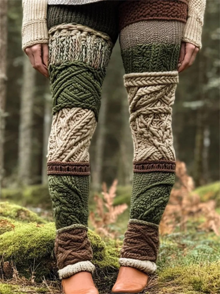 Nature Tree Inspired Celtic Patchwork Cozy Knit Leggings