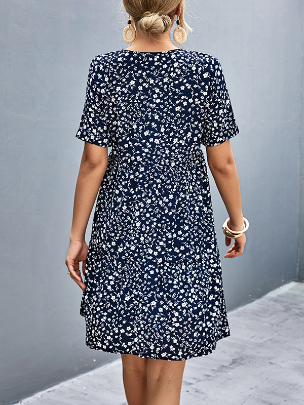 Flower Print Split-Joint Short Sleeves V-Neck Mini Dresses