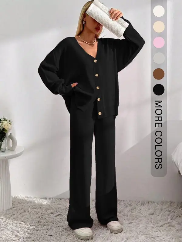 Women’s Button Front Knit Cardigan & Wide Leg Pants Two-Piece Set