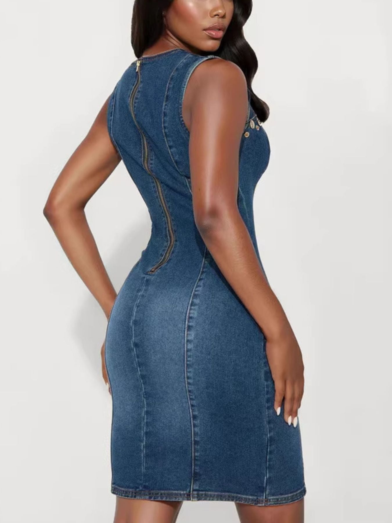 Embellished Cutout Sleeveless Denim Dress