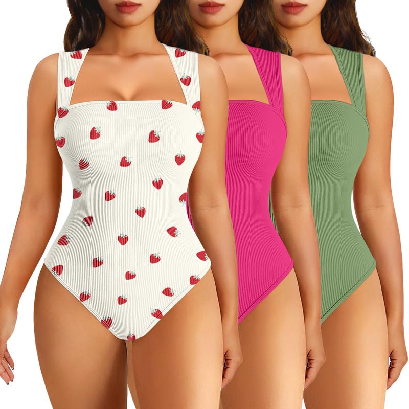 Women's Printed Bodysuit Set Ribbed Square Neck Sleeveless Stretchy Top Nylon Spandex Casual Chic Elegant Comfortable Vacation Style All Seasons