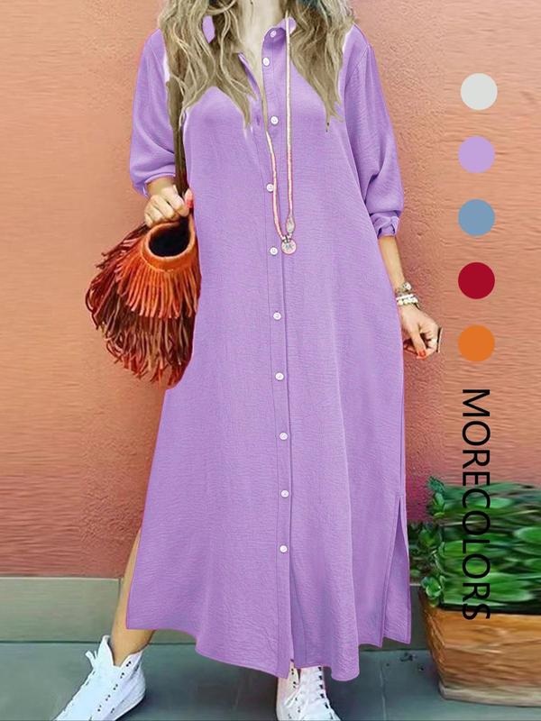 Women's Plain Button Shirt Collar Long Sleeve Dress, Casual Fashion Collared Long Dress for Daily Outdoor Wear, Women Dress for Spring & Summer, Classy Modest Dresses, Womenswear