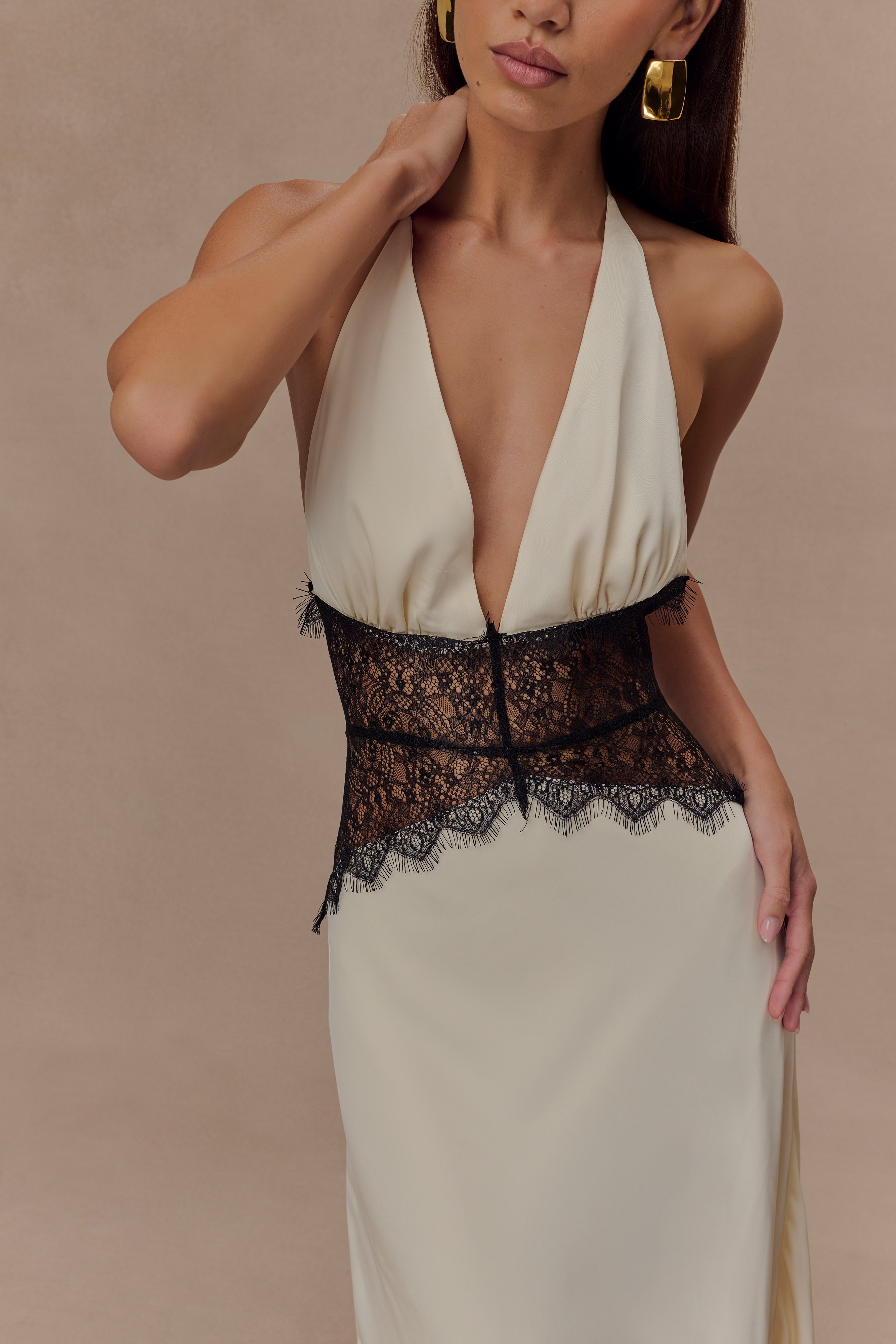 Black/ivory Lace And Satin Maxi Dress