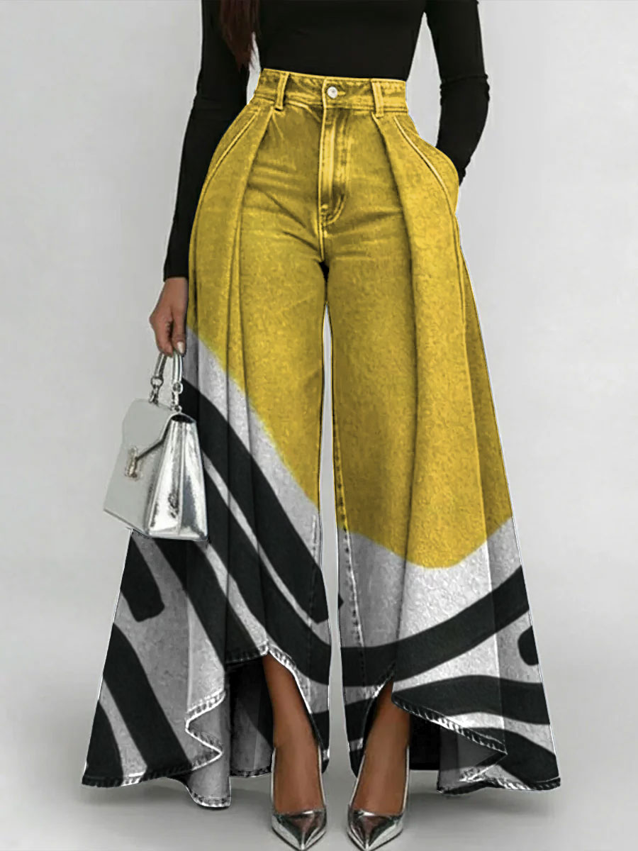 Women's Vintage Geometry Color Gradient Art Patterns Print High-waisted Relaxed Wide-leg Jeans