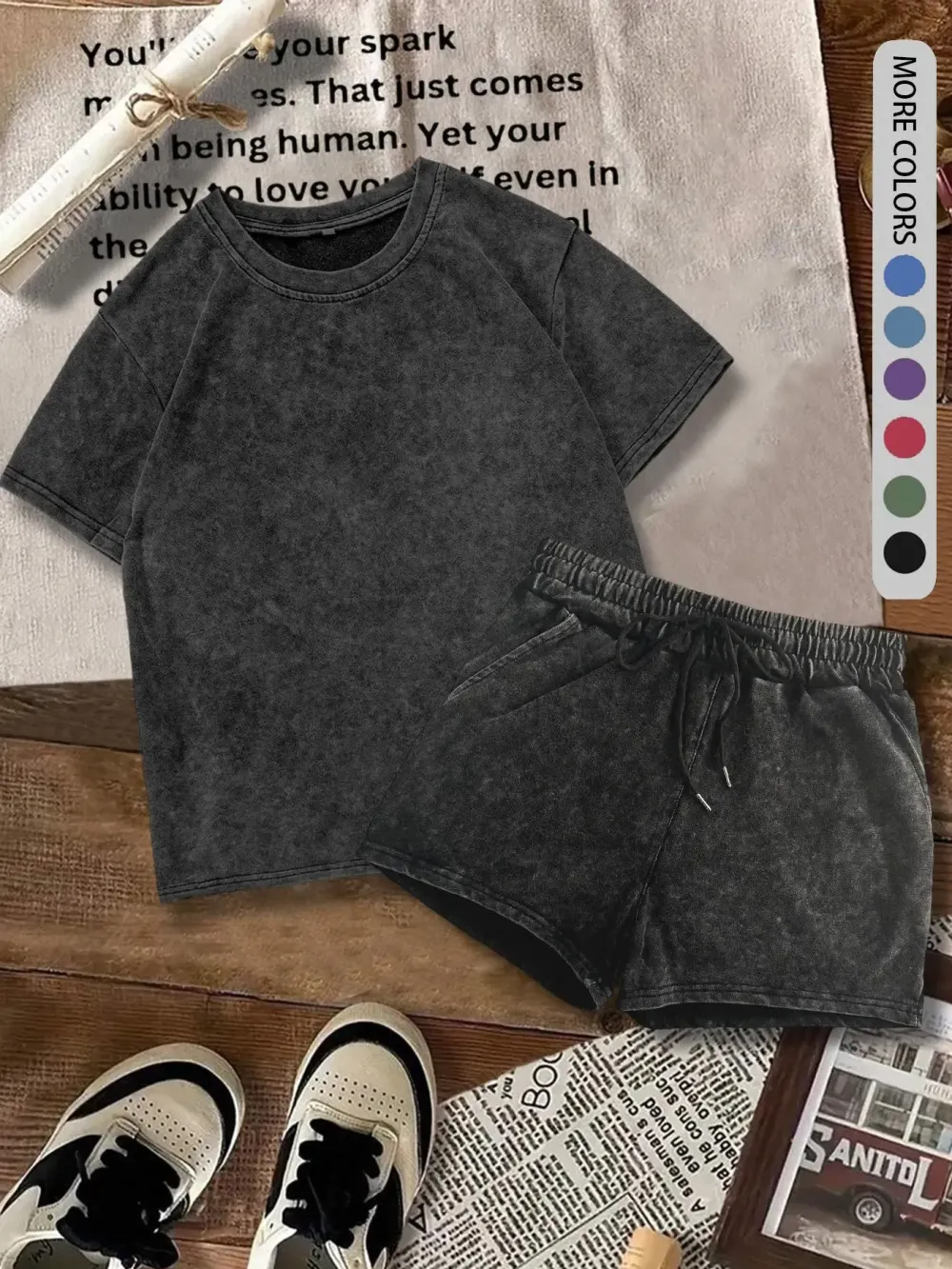 Two-piece Set Women's Solid Color Denim-effect Print Tee & Shorts