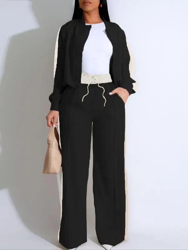 Two-piece Set Women's Patchwork Top & Wide Leg Pants Set, Casual Long Sleeve Outerwear & Pants for Daily Wear, Ladies Summer Clothes