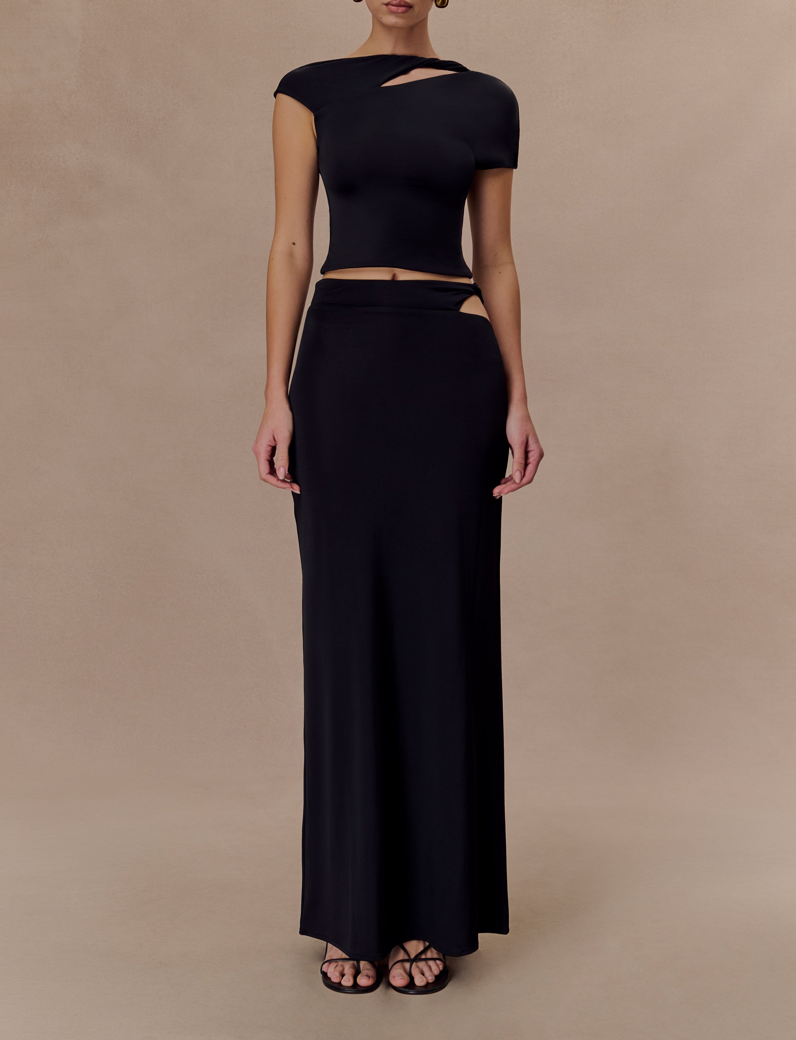 Black Slinky Twist Midi Skirt