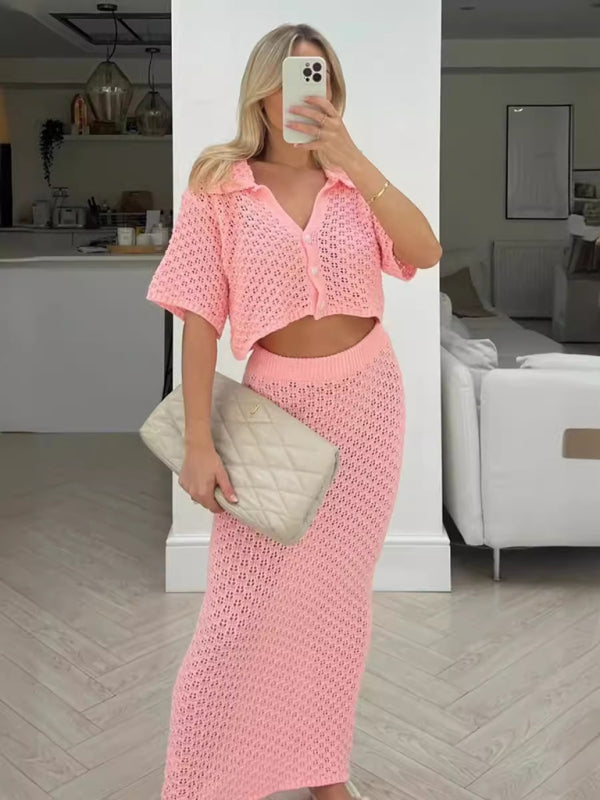 Knitted Crochet Multicolor Cardigan Button Skirt All-match Set Dress