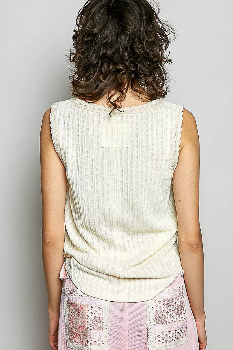 POL Ribbed Round Neck Tank with Lace Trim