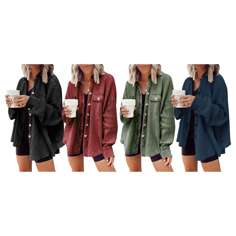 Women's Loose Fit Batwing Sleeve Waffle Knit Button Down Shirt Shacket Tops