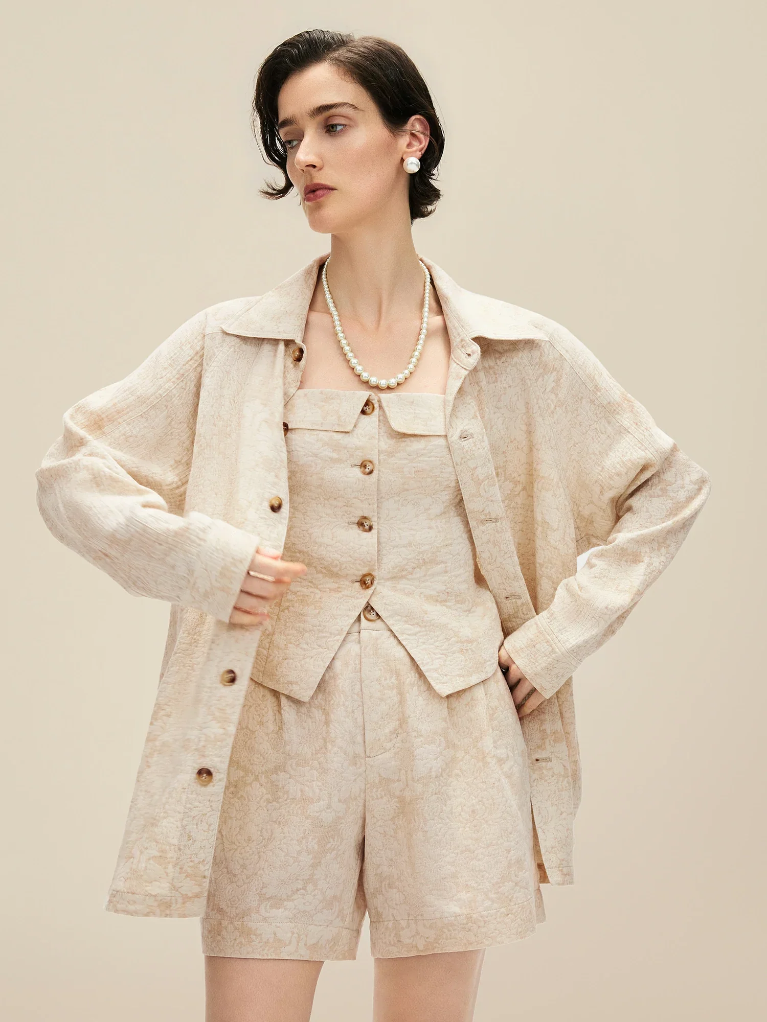 Cotton & Linen Lapel Long Sleeve Jacquard Blouse