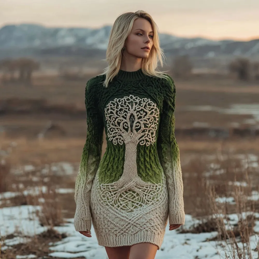 Vintage Tree Of Life Viking Celtic Gradient Sweater Dress