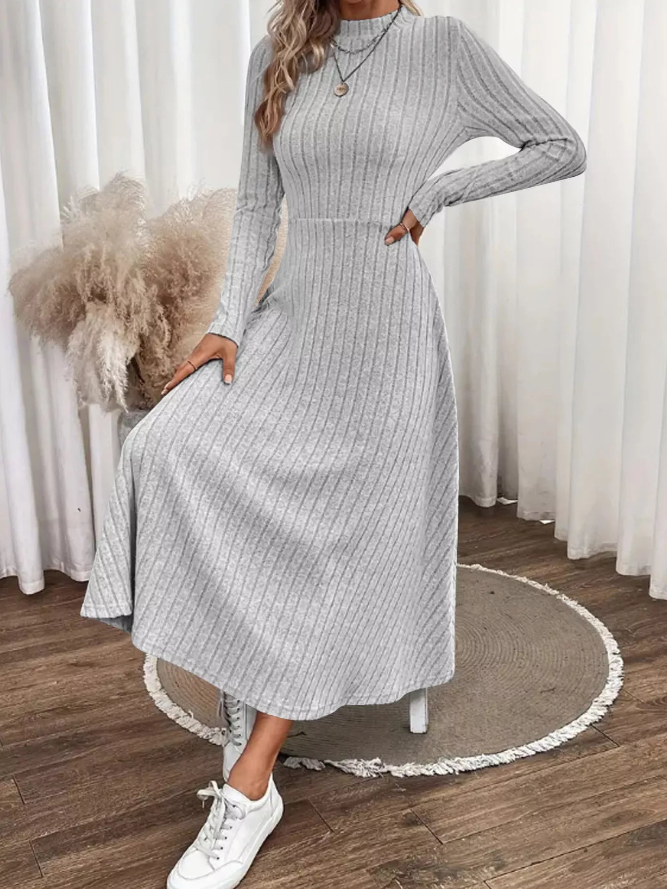 Ribbed Knit A-Line Midi Dress