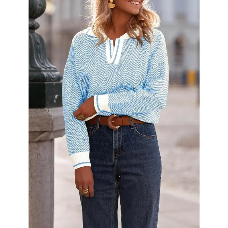 Womens V Neck Knit Sweater Color Block Long Sleeve