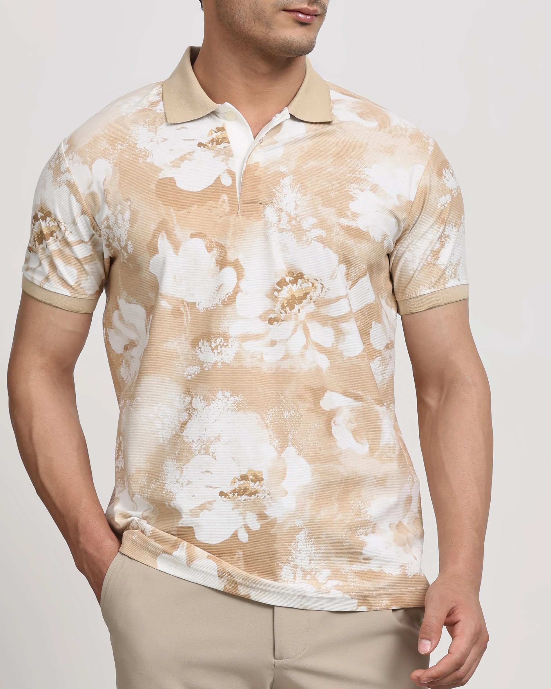 Casual Minimalist British Style Beige Floral Polo Shirt