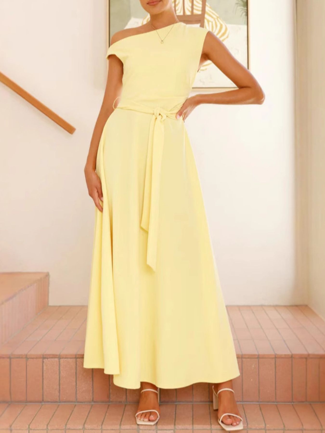Single Shoulder Tie Waist Maxi Dress