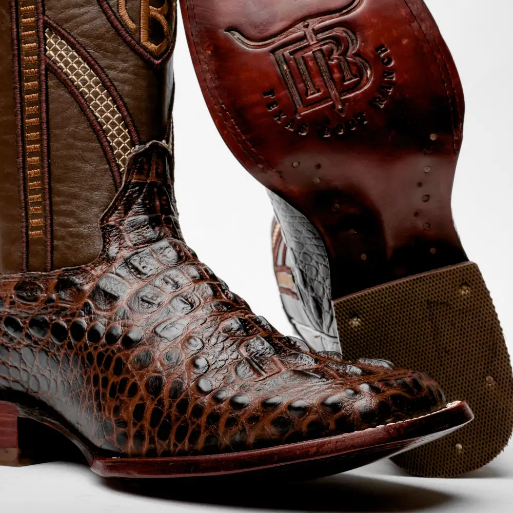 Brown Caiman Neck Leather Boots - Square Toe