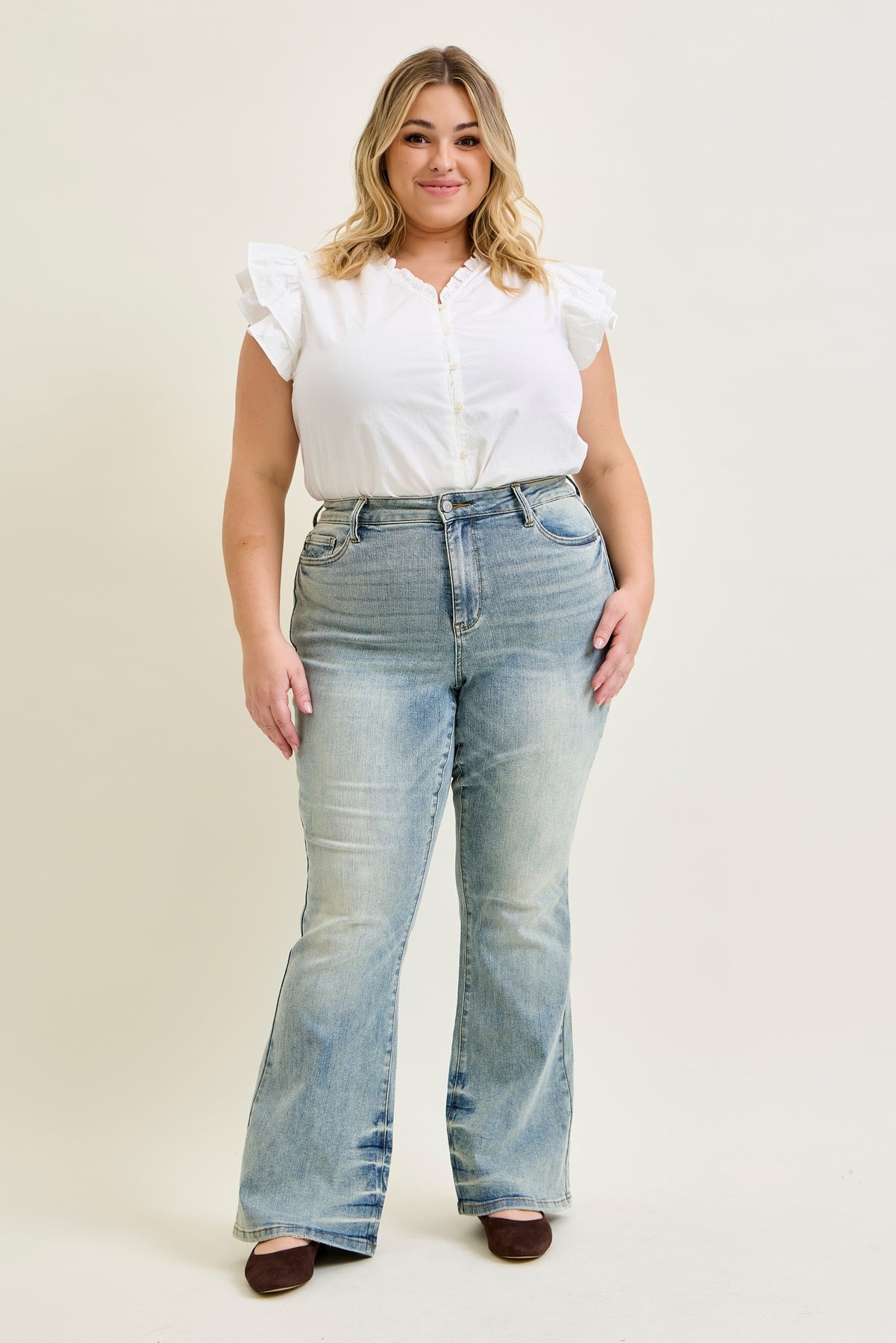 Megan Mid Rise Tinted Pin Tack Detail Flare Jeans - PLUS