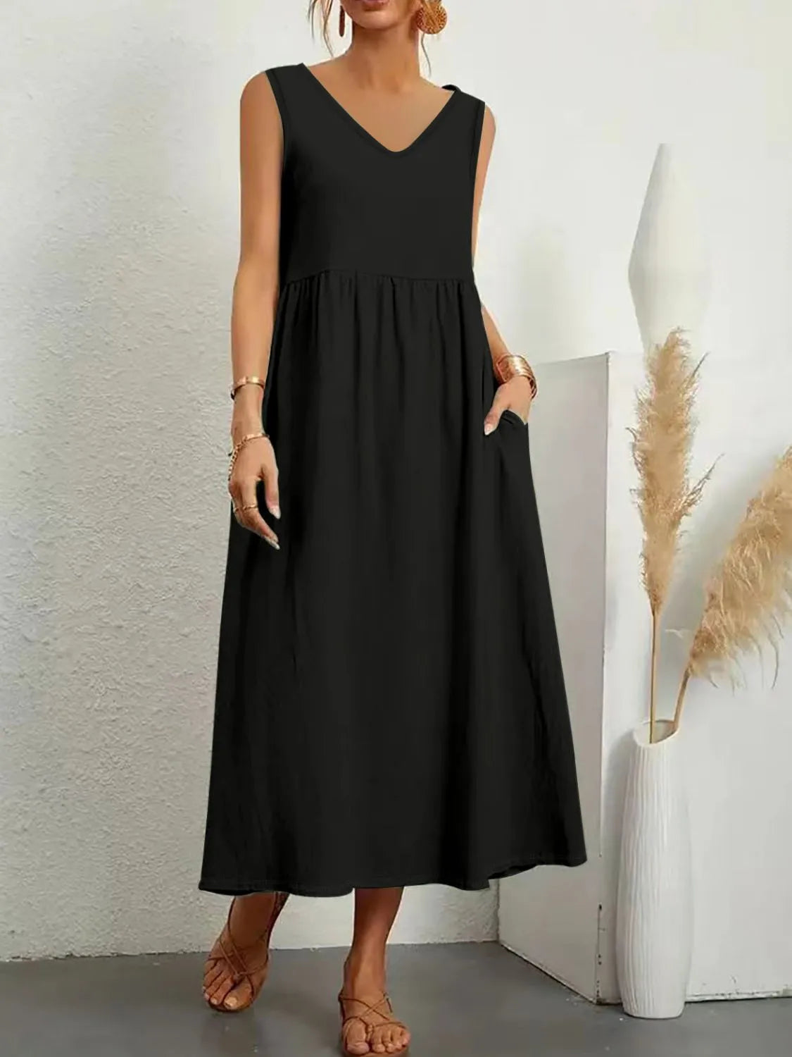 Full Size Pocketed V-Neck Sleeveless Midi Dress Plus Size