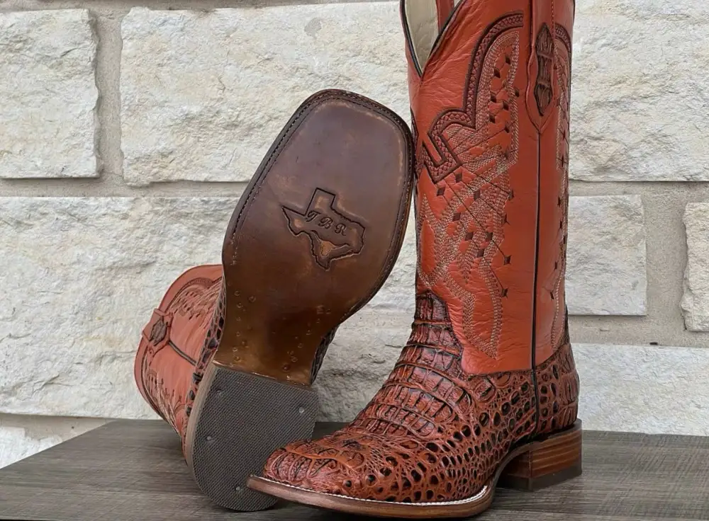 Men’s Cognac Crocodile Horn-Back Leather Boots With Orange Shaft