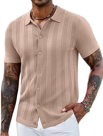 Men's Knit Shirts Short Sleeve Casual Button Down Polo Shirt Summer Beach Vacation Shirts Outfit Top