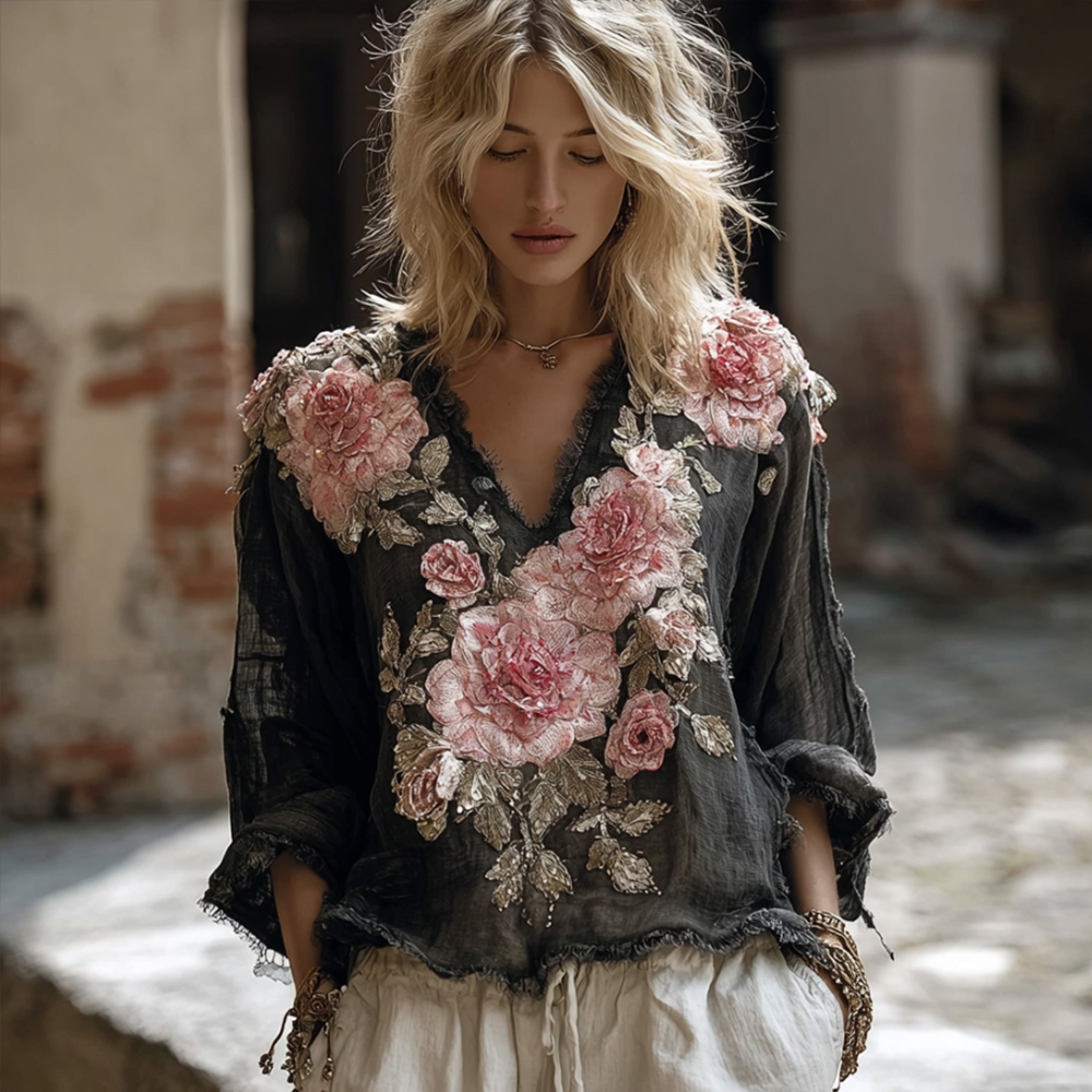 Bohème Pink Rose Embroidery V-neck Long-sleeved Top