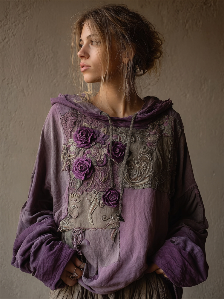 Vintage Purple Roses Fiber Art Patchwork Hoodie
