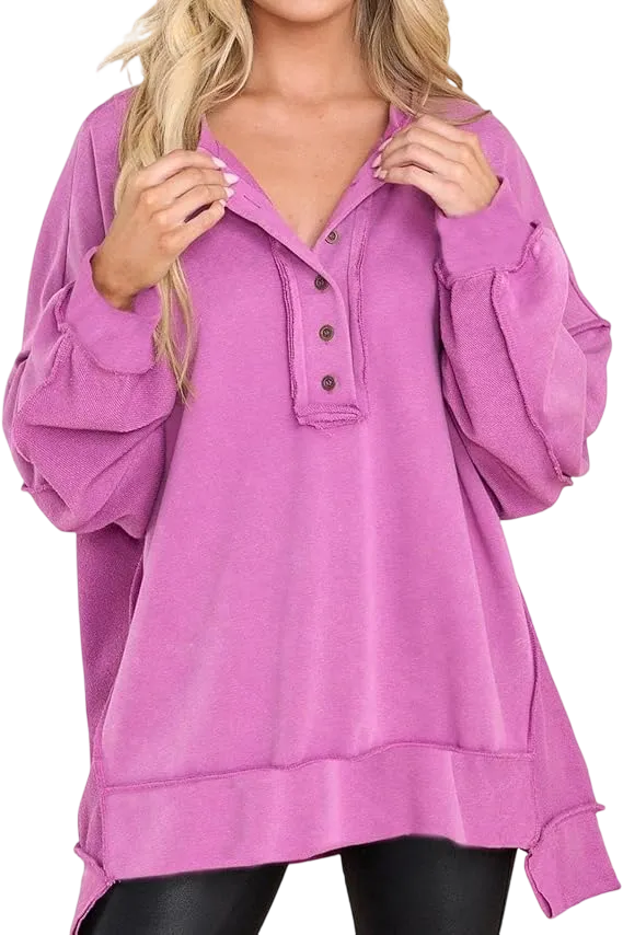 Women's loose-fitting casual long-sleeved button-up pullover shirt