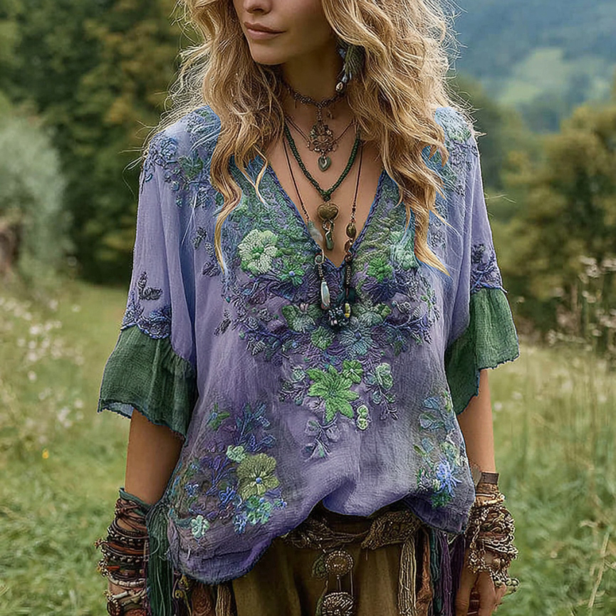 Women's Vintage Floral Embroidery Art V Neck Linen T-shirt