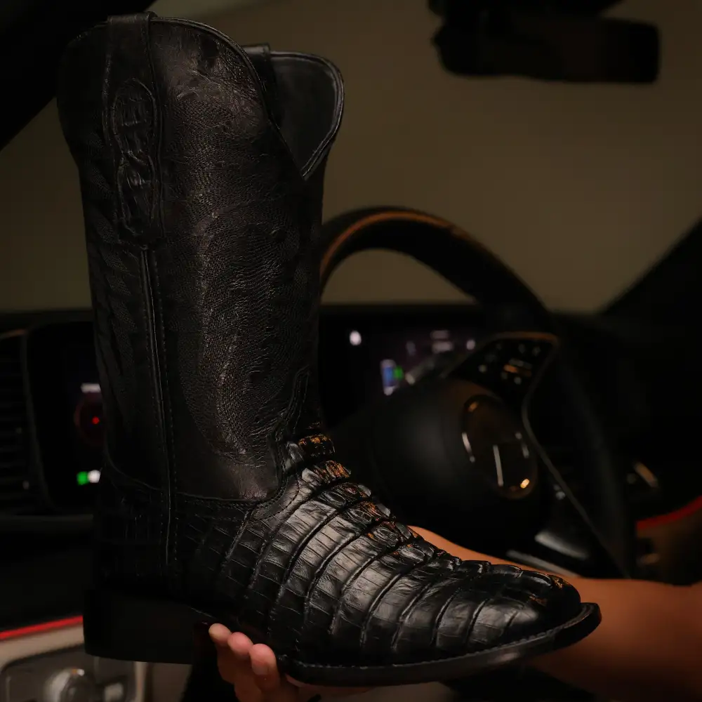 “TOTAL BLACK” Caiman Leather Boots - Square Toe