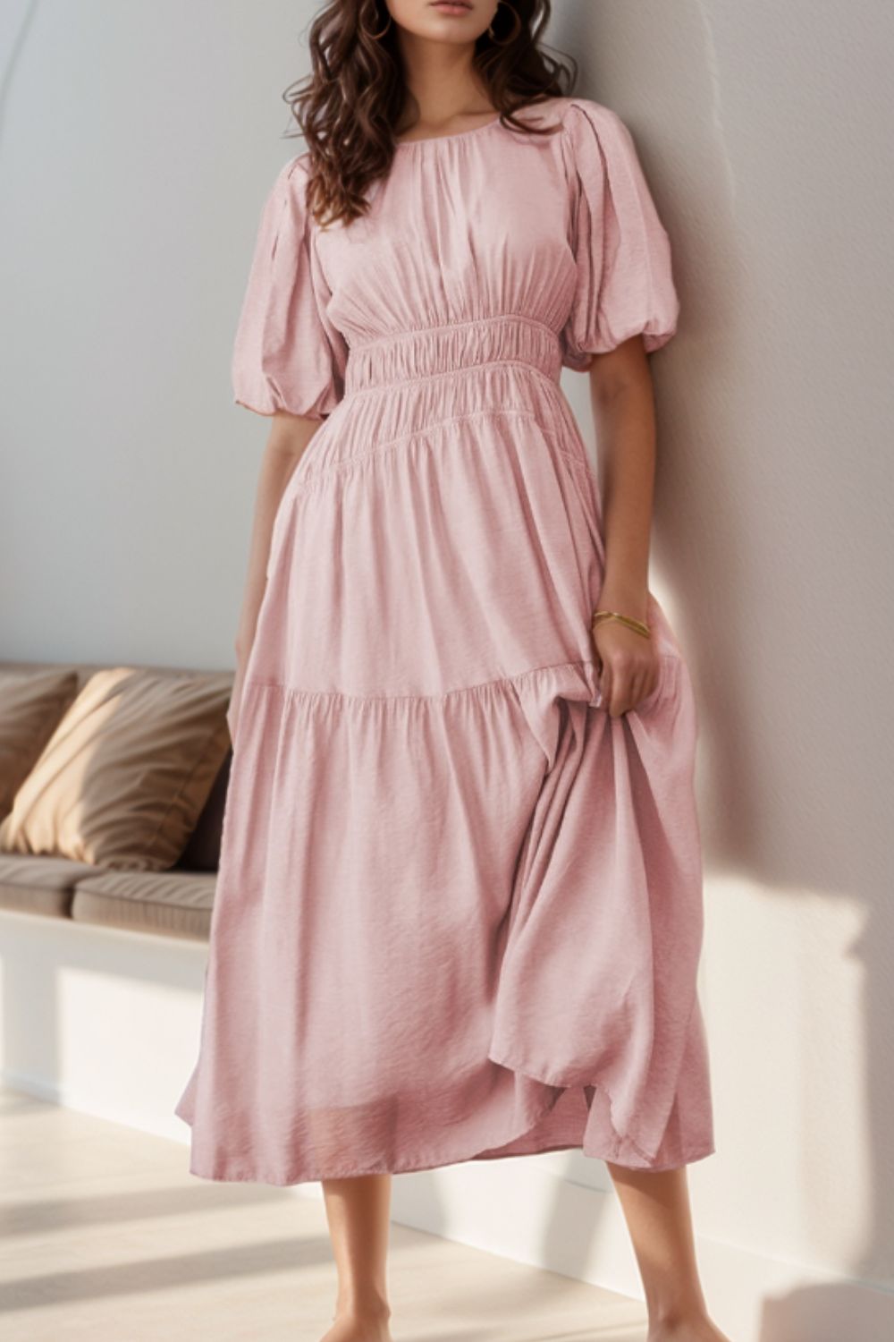 Puff Sleeve Pleated High Waist Flowy Midi Dress