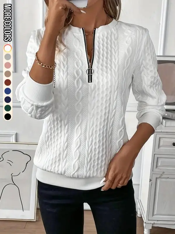 Women'S Plain Textured Half Zip Up Sweatshirt