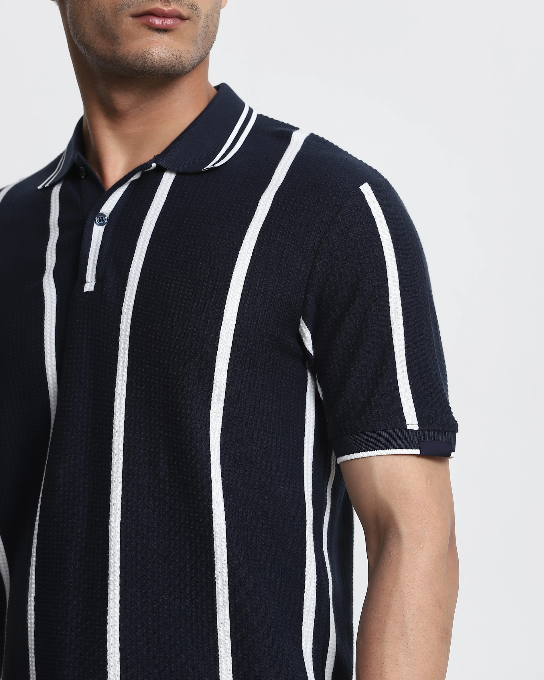 Daily Simple And Slimming Navy Striped Polo Shirt