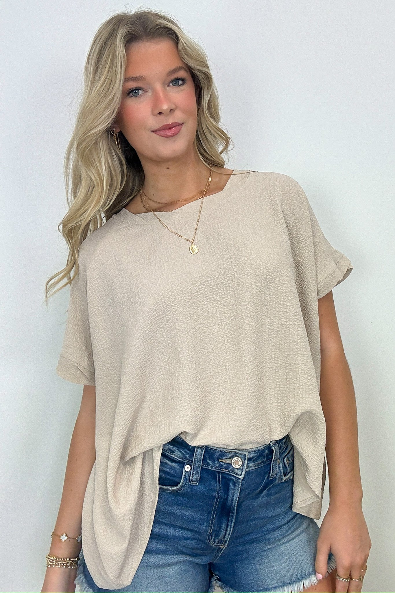 Woven Round Neck Flowy Top