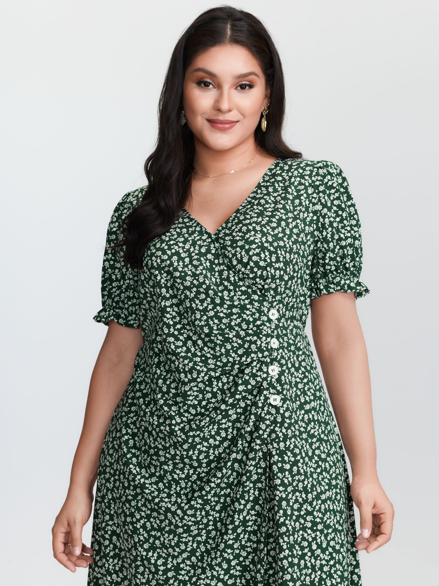 Micro Floral Print Ruched Button Detail Midi Dress