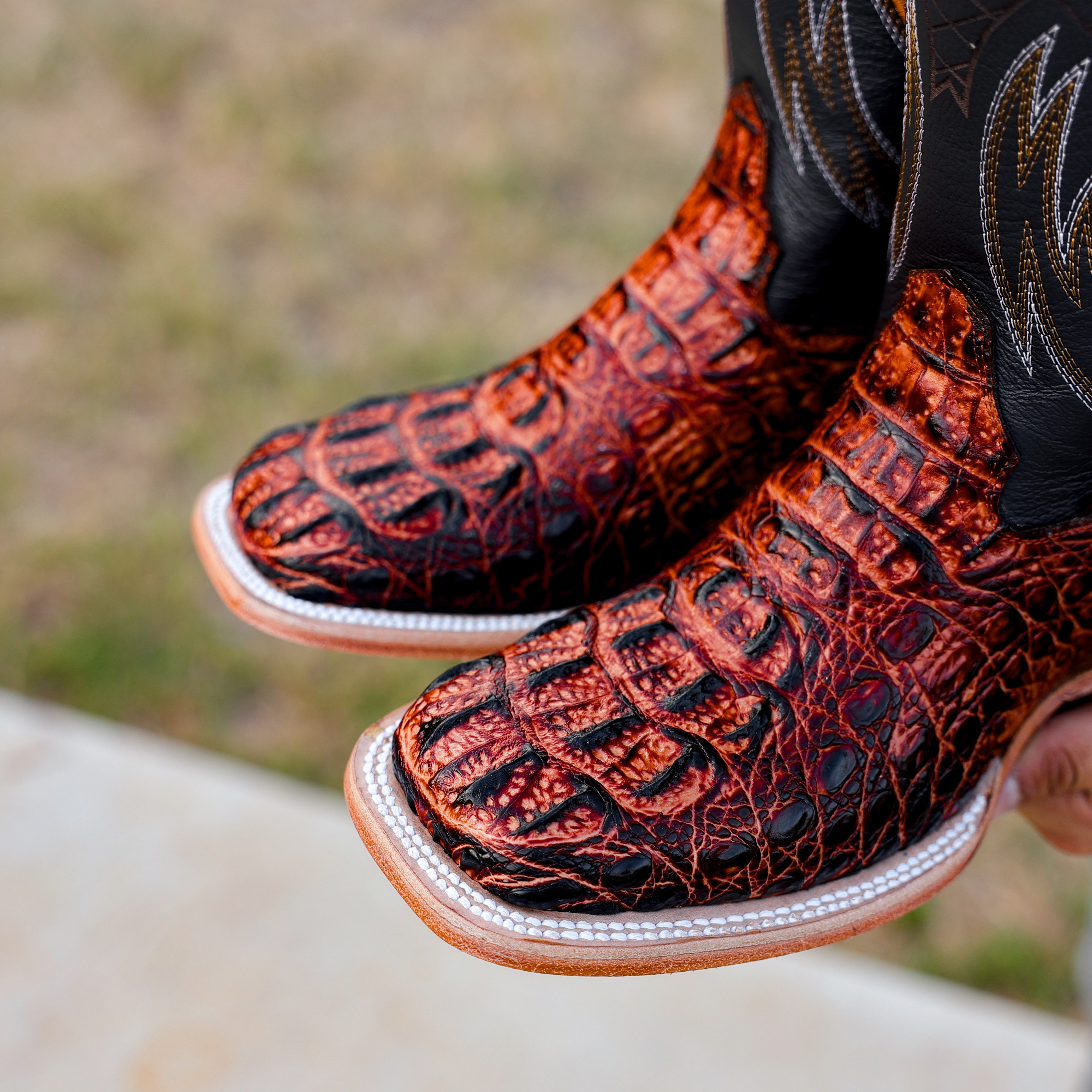 Cognac Caiman Neck Leather Boots - Square Toe