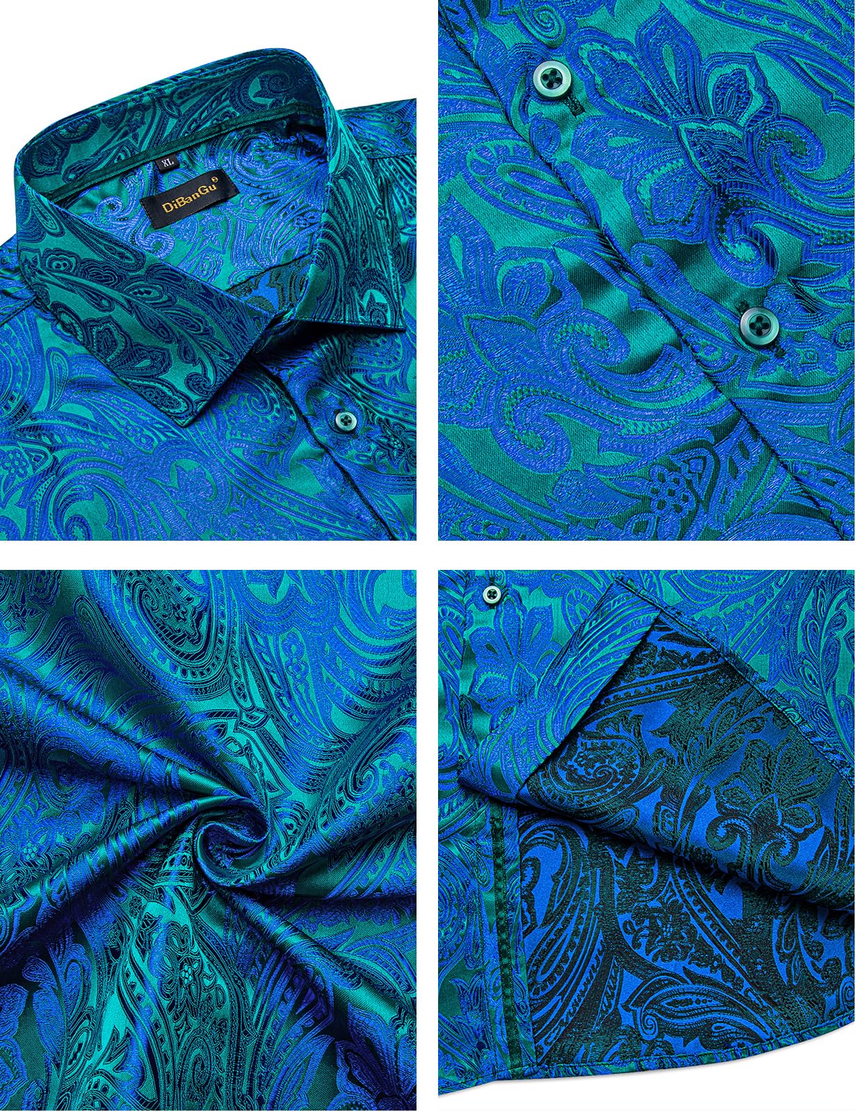Men's Paisley Dress Shirt Long Sleeve Wrinkle Free Button Down Cowboy Shirts - Blue&green&paisley