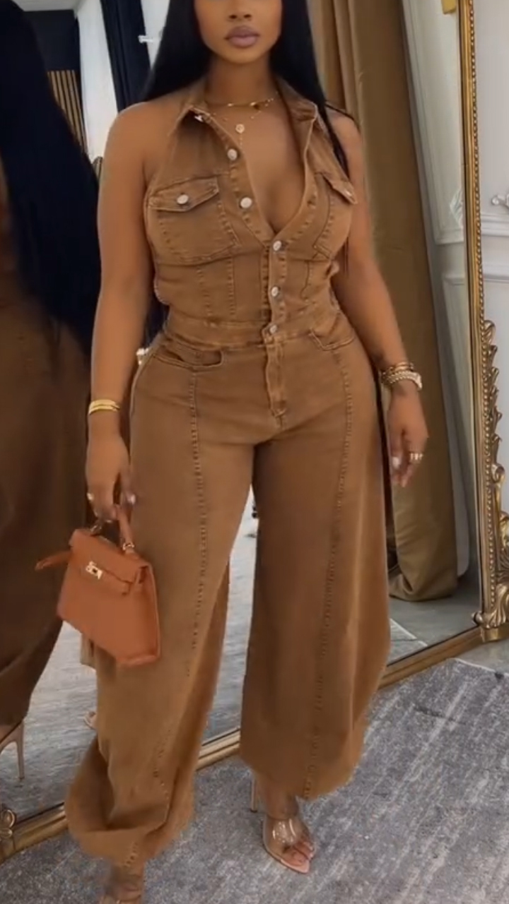 Womens Collared Patchwork Casual Denim Jumpsuit