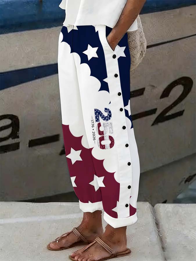 Women'S Casual American Independence Day 250Th Anniversary Printed Casual Button Design Pants
