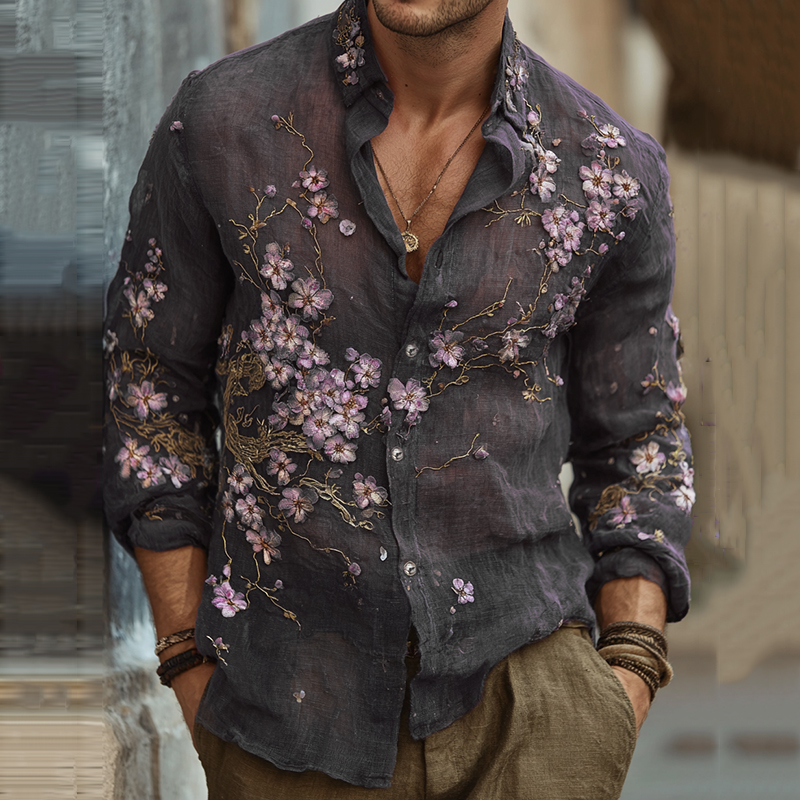 Men's Vintage Japanese Sakura Embroidered Art Lapel Long Sleeve Linen Shirt