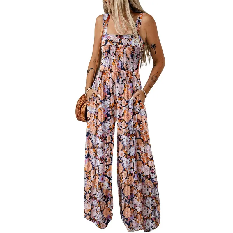 Women's Casual Loose Overalls Jumpsuits One Piece Sleeveless Printed Wide Leg Long Pant Rompers With Pockets Bohemian Womenswear