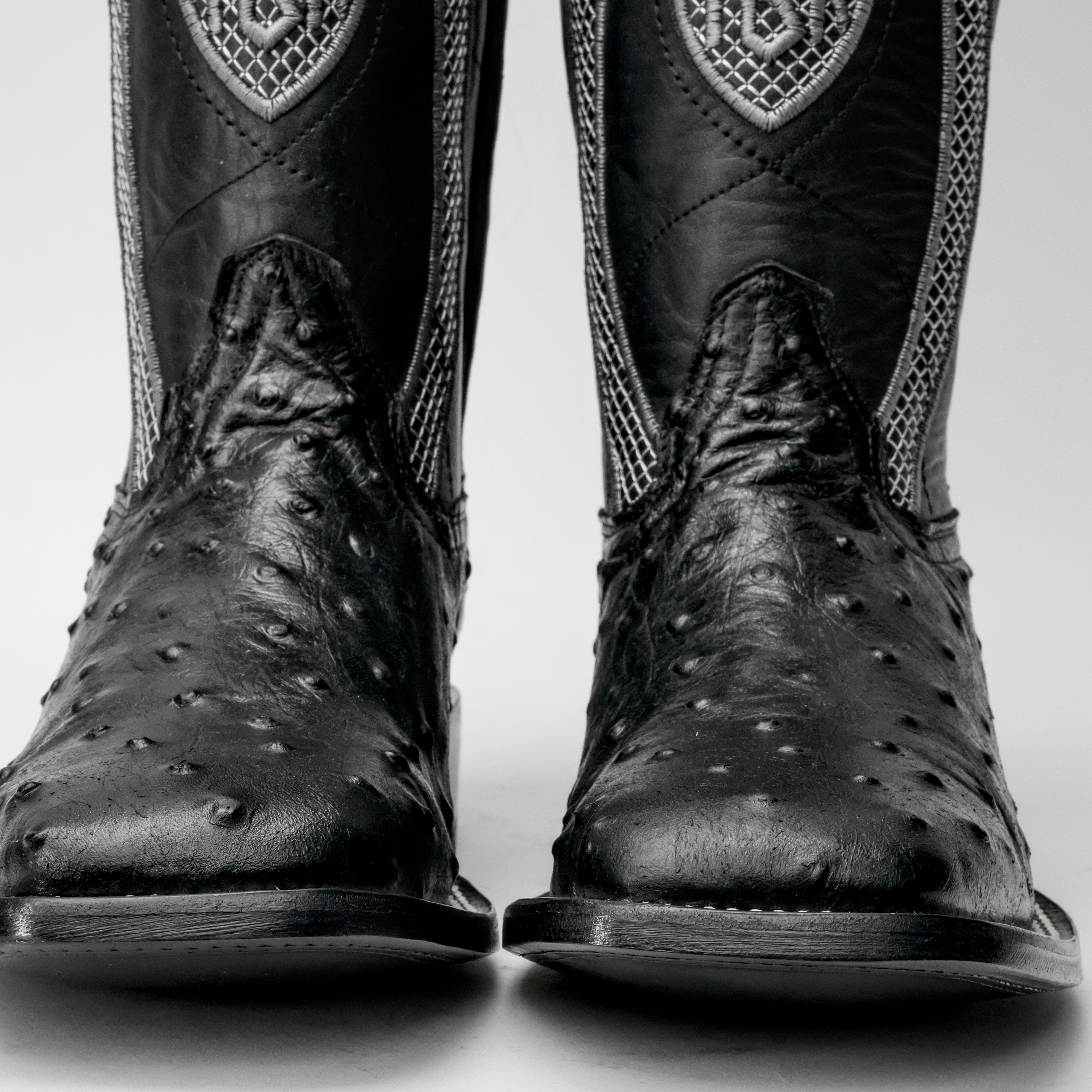 Black Ostrich Leather Boots - Square Toe