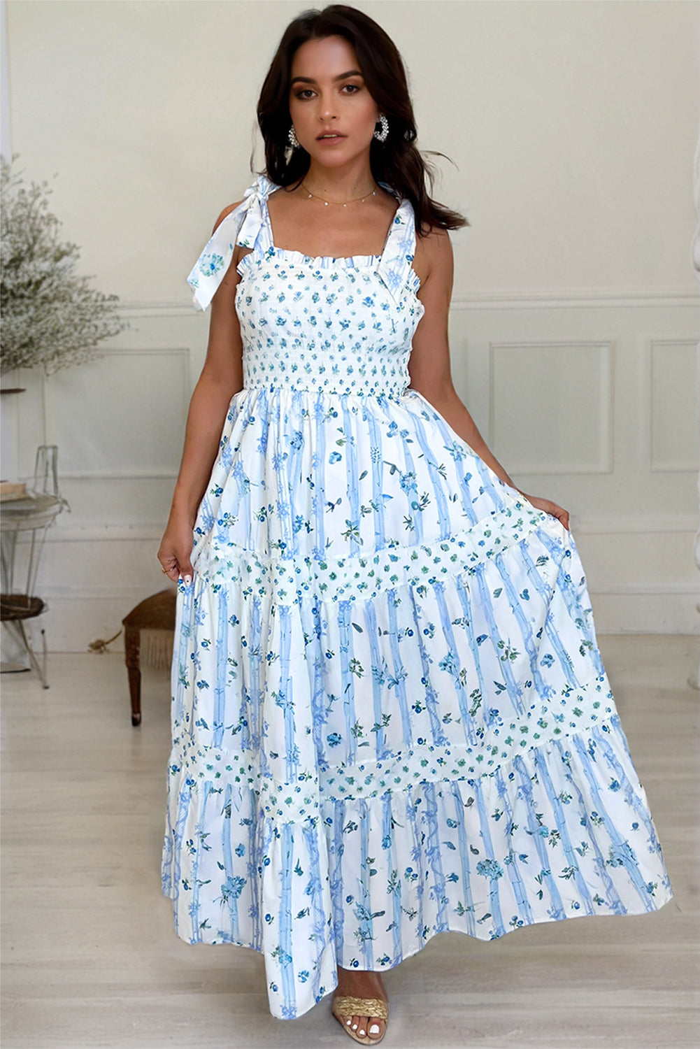 Sky Blue Floral Smocked A-Line Tie Straps Maxi Dress