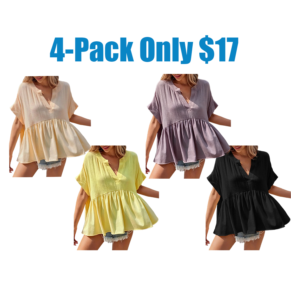 Womens Summer Babydoll Tops V Neck Short Sleeve Pleated Flowy Shirts Casual Loose Fit Peplum Blouse
