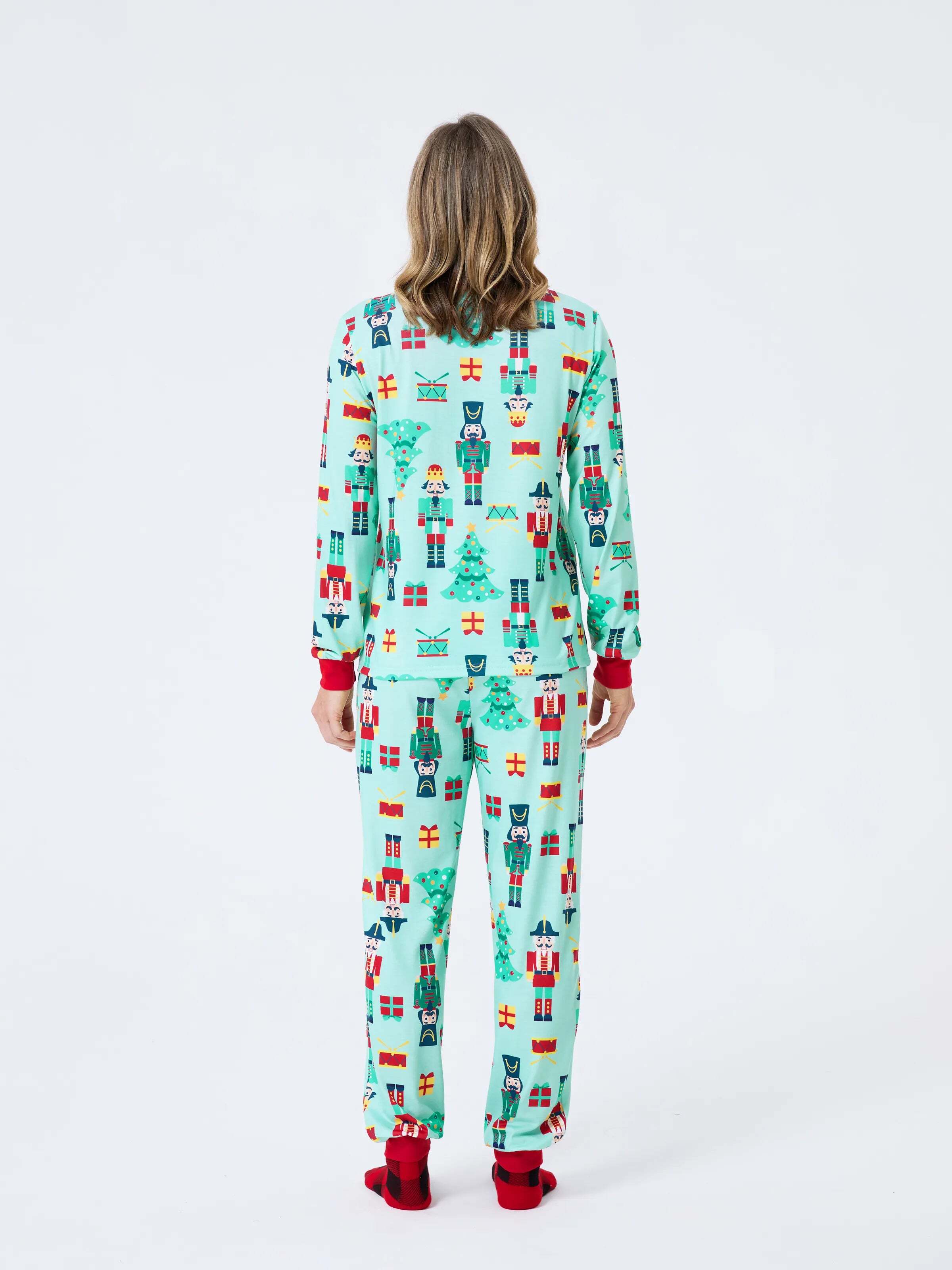 Christmas Matching Family Pajamas Set Soldier and Christmas Tree Print PJS with Christmas Socks Pale Green