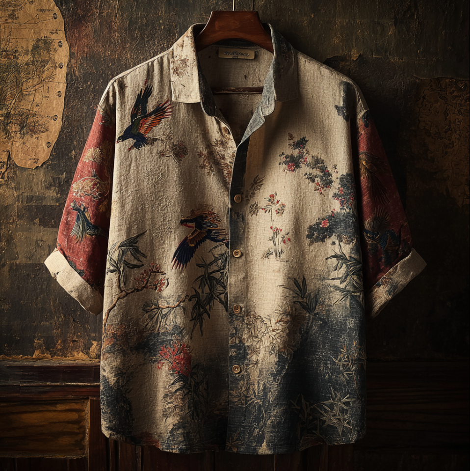Japanese Art Style Retro Cotton And Linen Men's Large Size Short Sleeve Shirt With Floral And Animal Elements