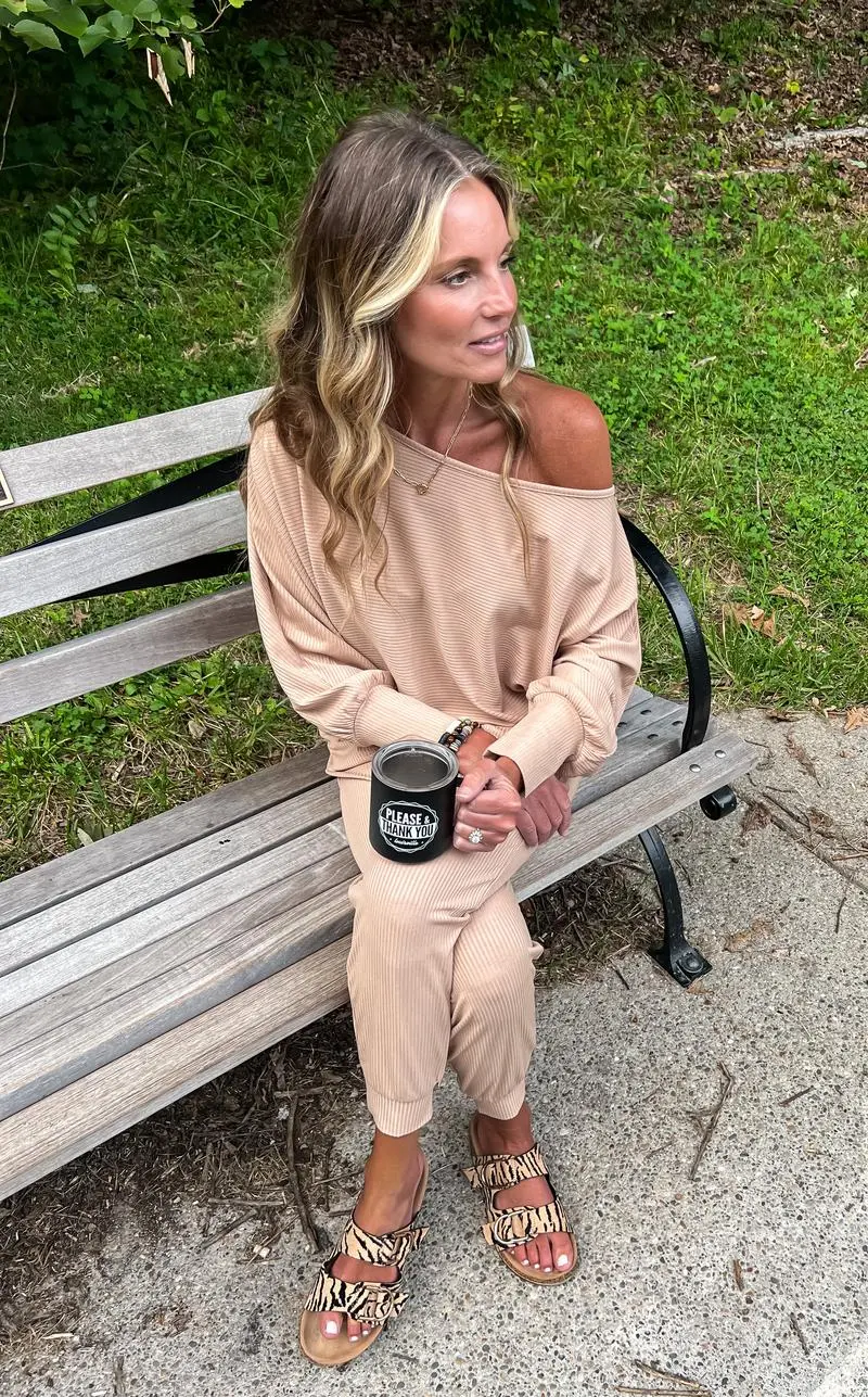 Women's 2-Piece Set Ribbed Knit Off Shoulder Tops Lounge Pants Tracksuit