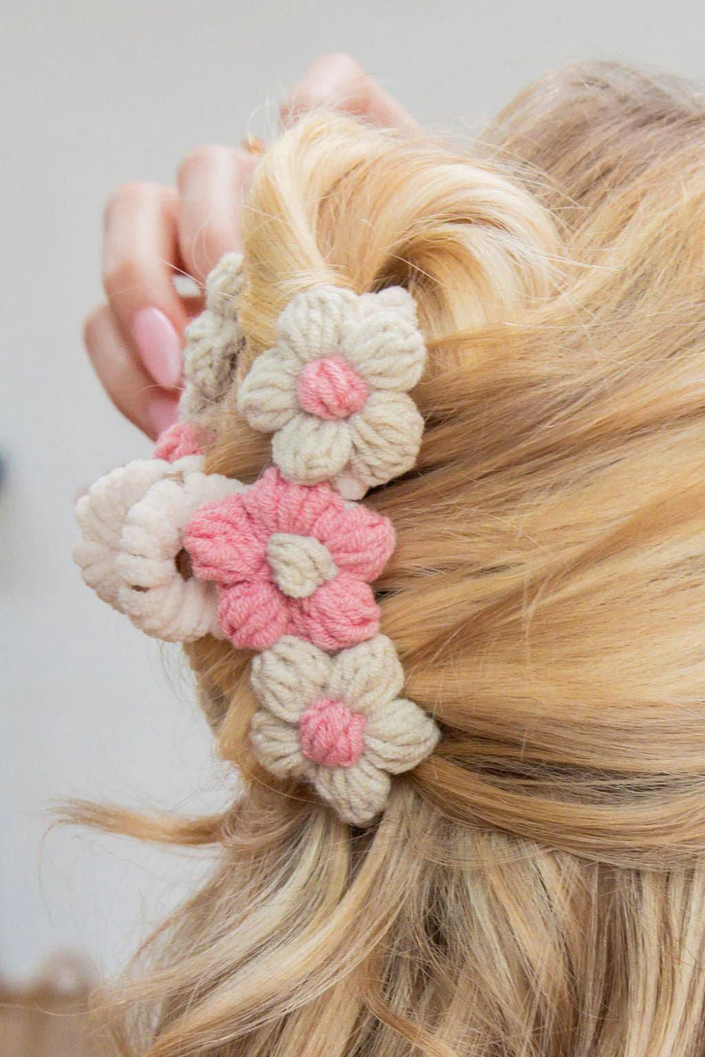 Pink Flower Crochet Cover Large Hair Claw Clip